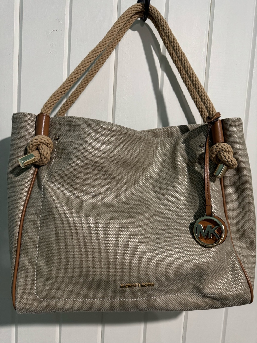 MICHAEL KORS Beige Canvas Tote with Rope Handles and Brown Trim